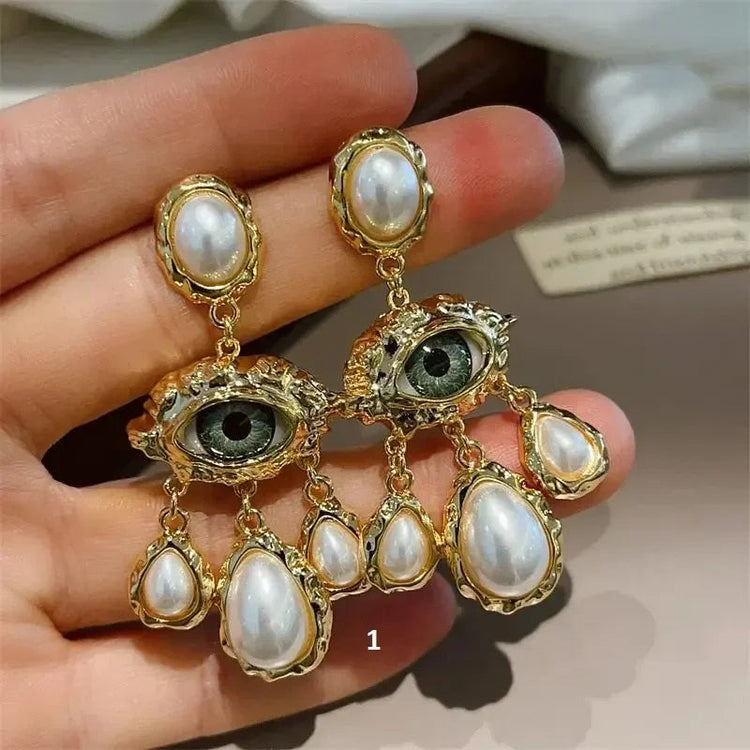 French Style Exaggerated Big Eyes Long Earrings Fashion Pearl Water Droplets Earring - GiFTiFY
