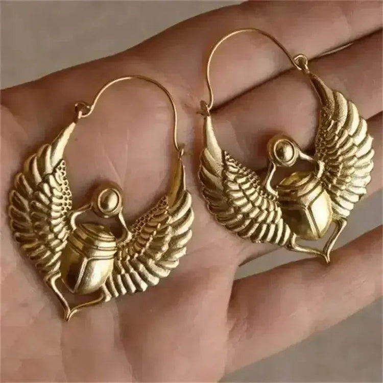 Vintage Egyptian Inspired Designs Sacred Wings Scarab Large Hoops Earrings Gypsy Tribal Women Gold Color Earrings Party Gift - GiFTiFY