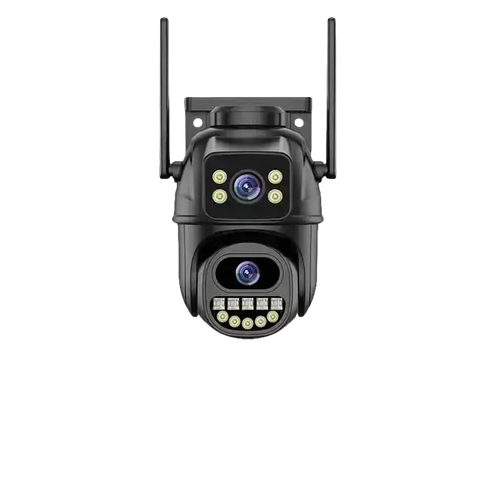 Black security camera with two lenses.