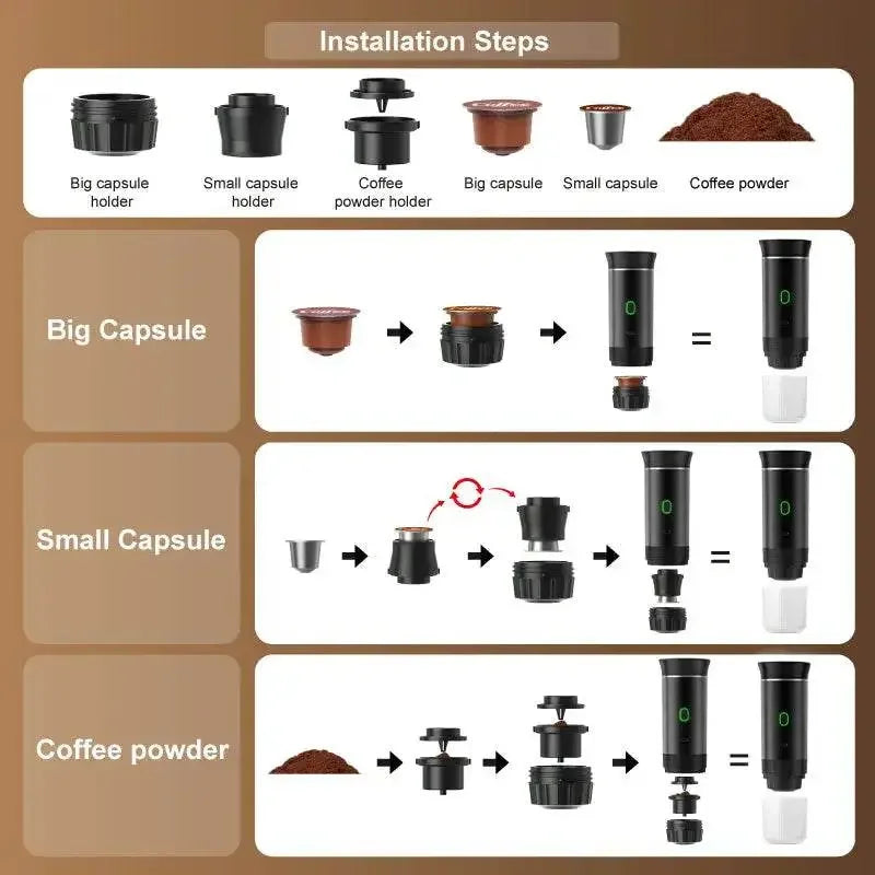 Wireless Electric Portable Espresso Coffee Machine for Car & Home Camping Coffee Maker 3-in-1 Capsule Powder Travel Coffee Maker - GiFTiFY