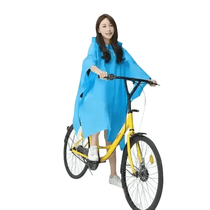 Woman in Colorful Waterproof Long Raincoat on Yellow Bicycle - GiFTiFY