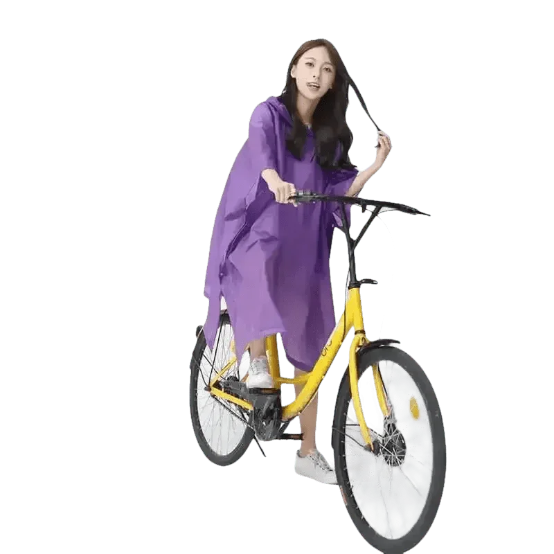 Woman in Colorful Waterproof Long Raincoat on Yellow Bicycle Raincoat by Lemonkid Hat Slipper Raincoat Store