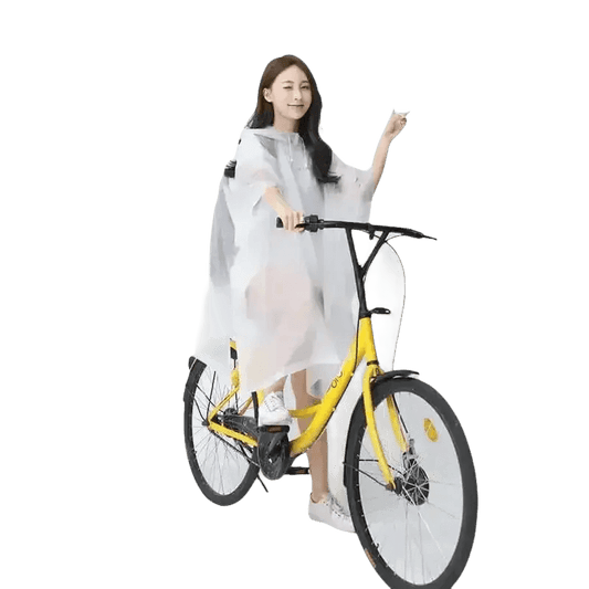 Woman in Colorful Waterproof Long Raincoat on Yellow Bicycle - GiFTiFY