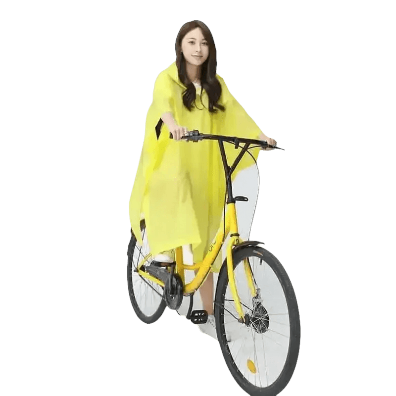 Woman in Colorful Waterproof Long Raincoat on Yellow Bicycle - GiFTiFY