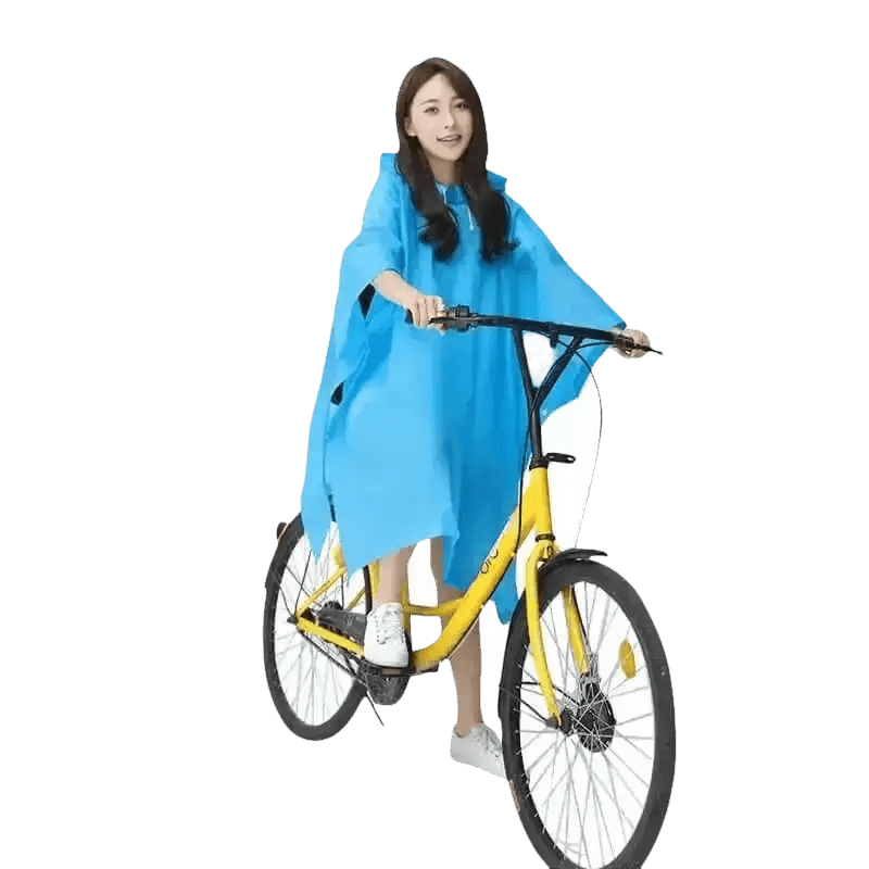 Woman in Colorful Waterproof Long Raincoat on Yellow Bicycle - GiFTiFY