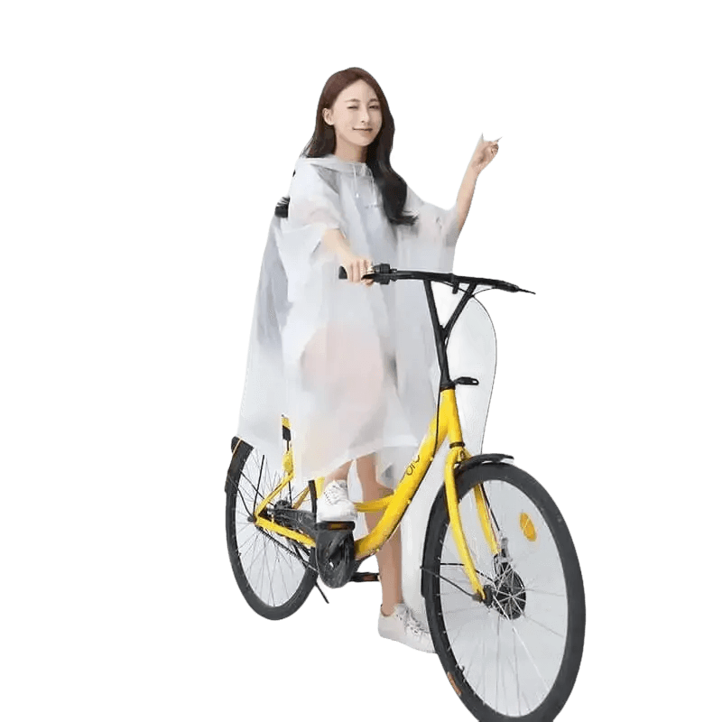 Woman in Colorful Waterproof Long Raincoat on Yellow Bicycle - GiFTiFY