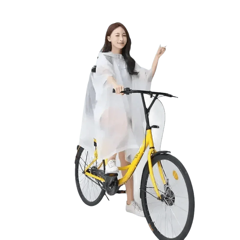 Woman in Colorful Waterproof Long Raincoat on Yellow Bicycle Raincoat by Lemonkid Hat Slipper Raincoat Store