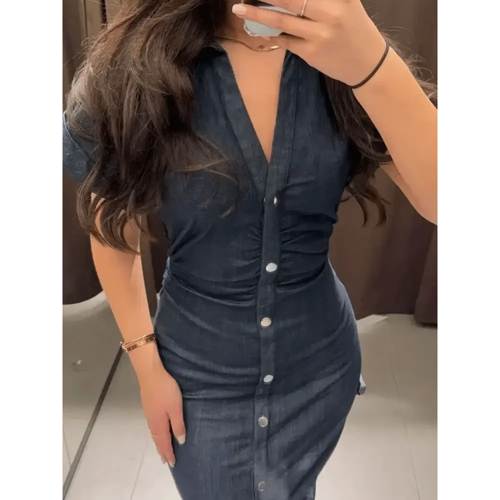 Women Denim V-neck Short Sleeved Long Dress Chic Slim Fit Single Breast Slit Vestidos New High Street Casual Solid Commuter Gown - GiFTiFY