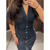 Women Denim V-neck Short Sleeved Long Dress Chic Slim Fit Single Breast Slit Vestidos New High Street Casual Solid Commuter Gown - GiFTiFY