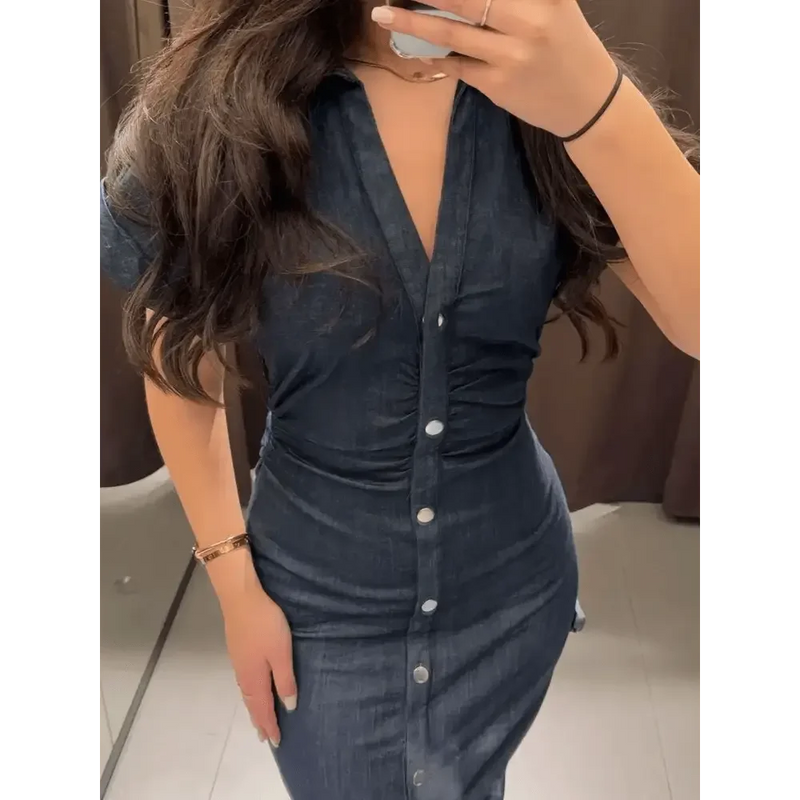 Women Denim V-neck Short Sleeved Long Dress Chic Slim Fit Single Breast Slit Vestidos New High Street Casual Solid Commuter Gown women's dresses by Dropshee