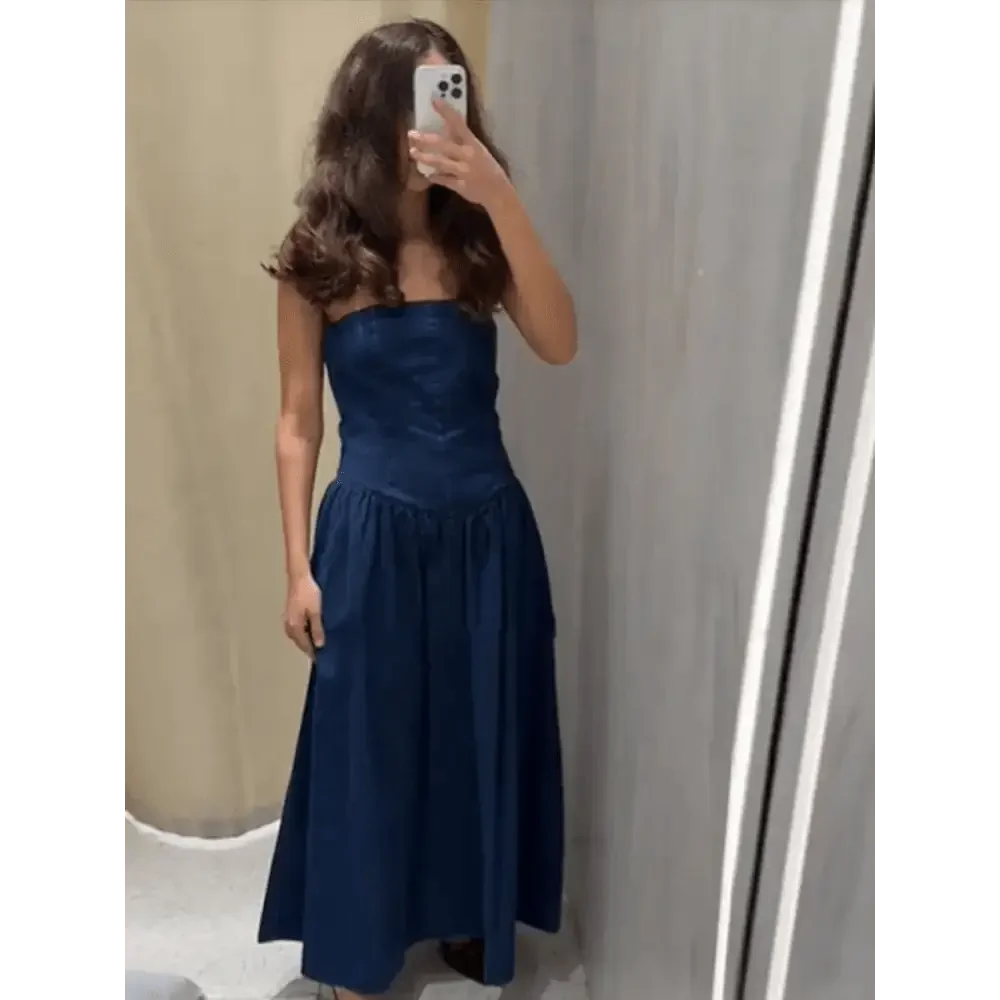 Women Denim V-neck Short Sleeved Long Dress Chic Slim Fit Single Breast Slit Vestidos New High Street Casual Solid Commuter Gown women's dresses by Dropshee