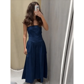 Women Denim V-neck Short Sleeved Long Dress Chic Slim Fit Single Breast Slit Vestidos New High Street Casual Solid Commuter Gown - GiFTiFY