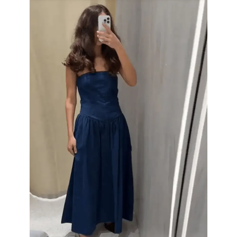 Women Denim V-neck Short Sleeved Long Dress Chic Slim Fit Single Breast Slit Vestidos New High Street Casual Solid Commuter Gown women's dresses by Dropshee