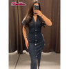 Women Denim V-neck Short Sleeved Long Dress Chic Slim Fit Single Breast Slit Vestidos New High Street Casual Solid Commuter Gown - GiFTiFY