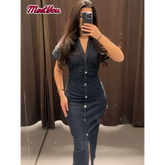 Women Denim V-neck Short Sleeved Long Dress Chic Slim Fit Single Breast Slit Vestidos New High Street Casual Solid Commuter Gown - GiFTiFY