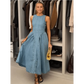 Women Denim V-neck Short Sleeved Long Dress Chic Slim Fit Single Breast Slit Vestidos New High Street Casual Solid Commuter Gown - GiFTiFY