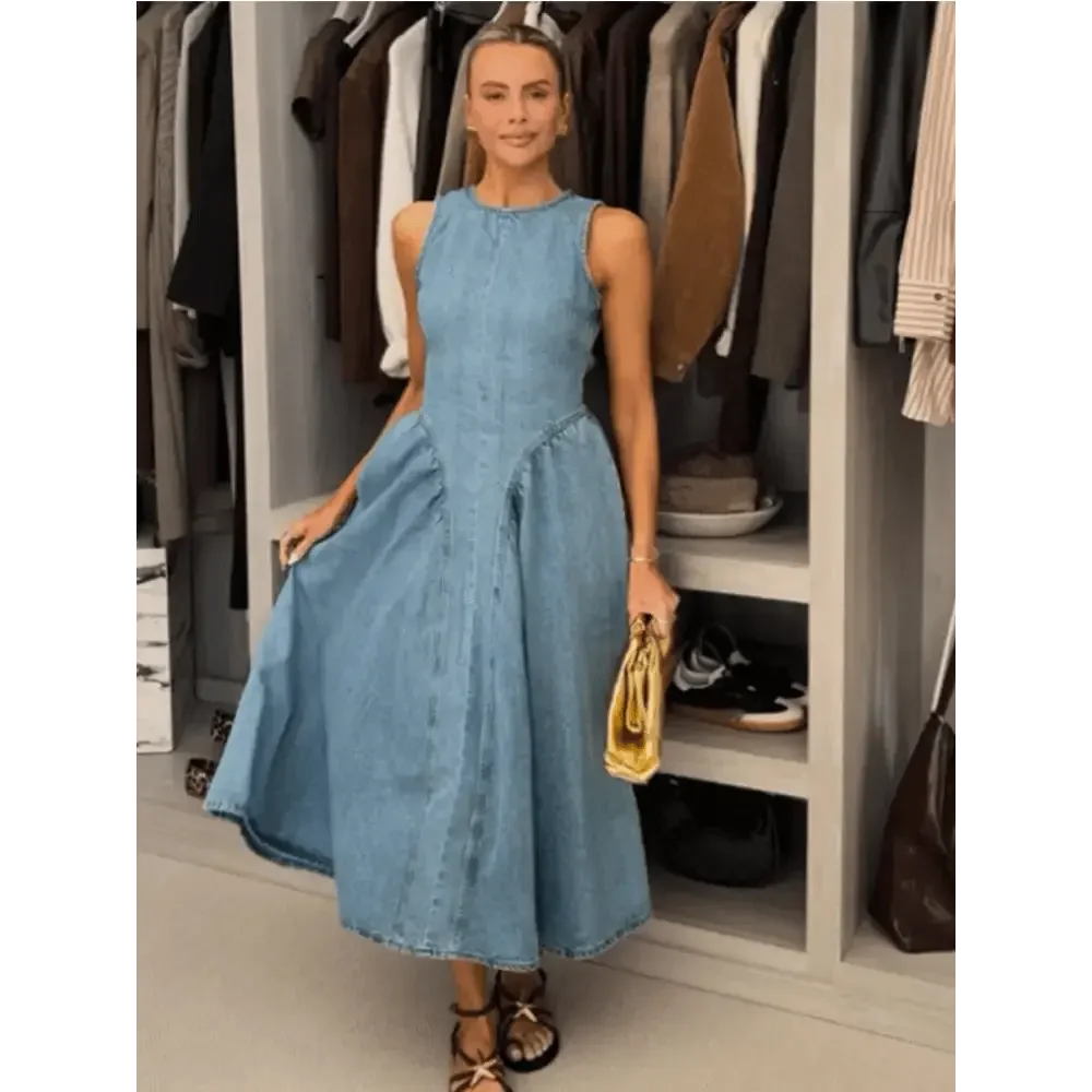 Women Denim V-neck Short Sleeved Long Dress Chic Slim Fit Single Breast Slit Vestidos New High Street Casual Solid Commuter Gown women's dresses by Dropshee