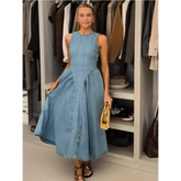 Women Denim V-neck Short Sleeved Long Dress Chic Slim Fit Single Breast Slit Vestidos New High Street Casual Solid Commuter Gown - GiFTiFY