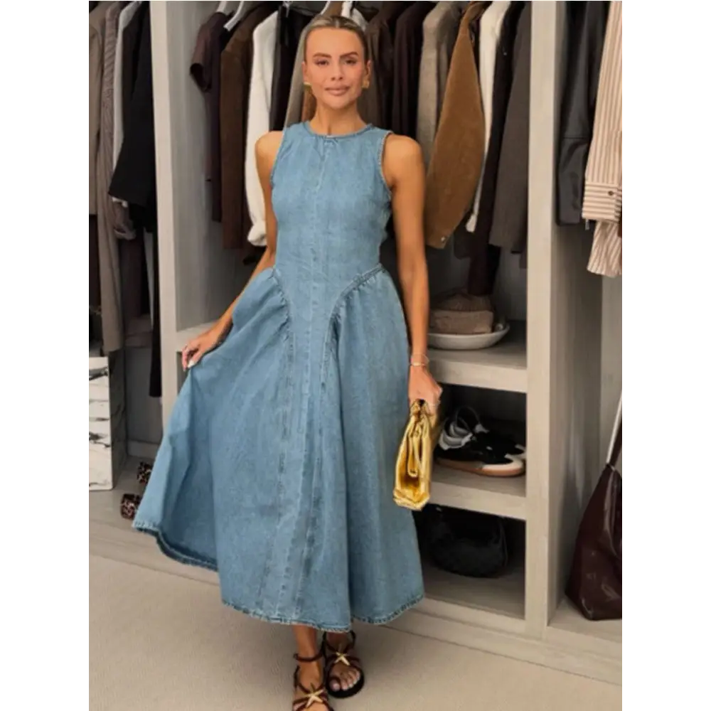 Women Denim V-neck Short Sleeved Long Dress Chic Slim Fit Single Breast Slit Vestidos New High Street Casual Solid Commuter GownCasual Solid Commuter Gown,Chic Slim Fit Single Breast Slit,Long Dress,Vestidos New High Street,Women Denim V-neck Short Sleeve