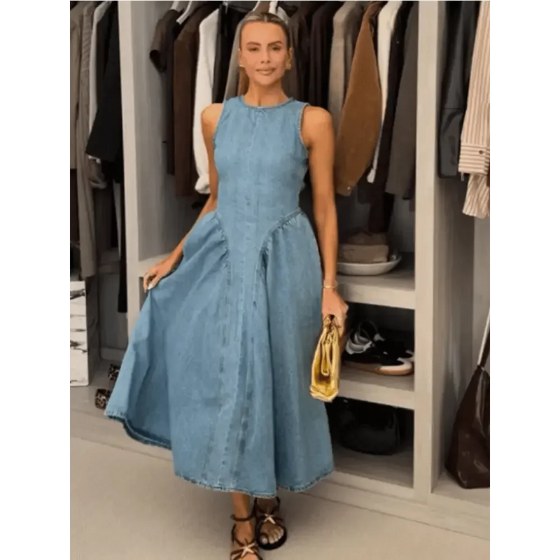 Women Denim V-neck Short Sleeved Long Dress Chic Slim Fit Single Breast Slit Vestidos New High Street Casual Solid Commuter Gown women's dresses by Dropshee