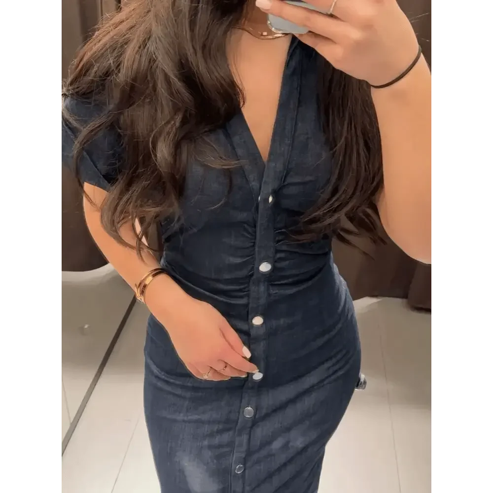 Women Denim V-neck Short Sleeved Long Dress Chic Slim Fit Single Breast Slit Vestidos New High Street Casual Solid Commuter Gown women's dresses by Dropshee