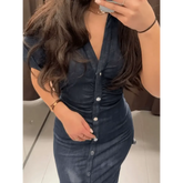 Women Denim V-neck Short Sleeved Long Dress Chic Slim Fit Single Breast Slit Vestidos New High Street Casual Solid Commuter Gown - GiFTiFY