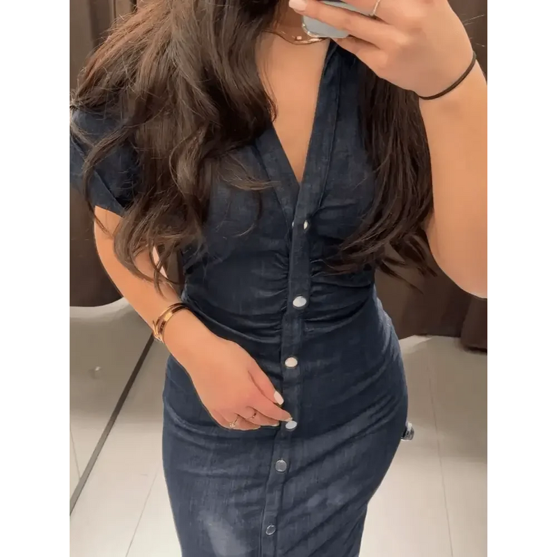 Women Denim V-neck Short Sleeved Long Dress Chic Slim Fit Single Breast Slit Vestidos New High Street Casual Solid Commuter Gown women's dresses by Dropshee