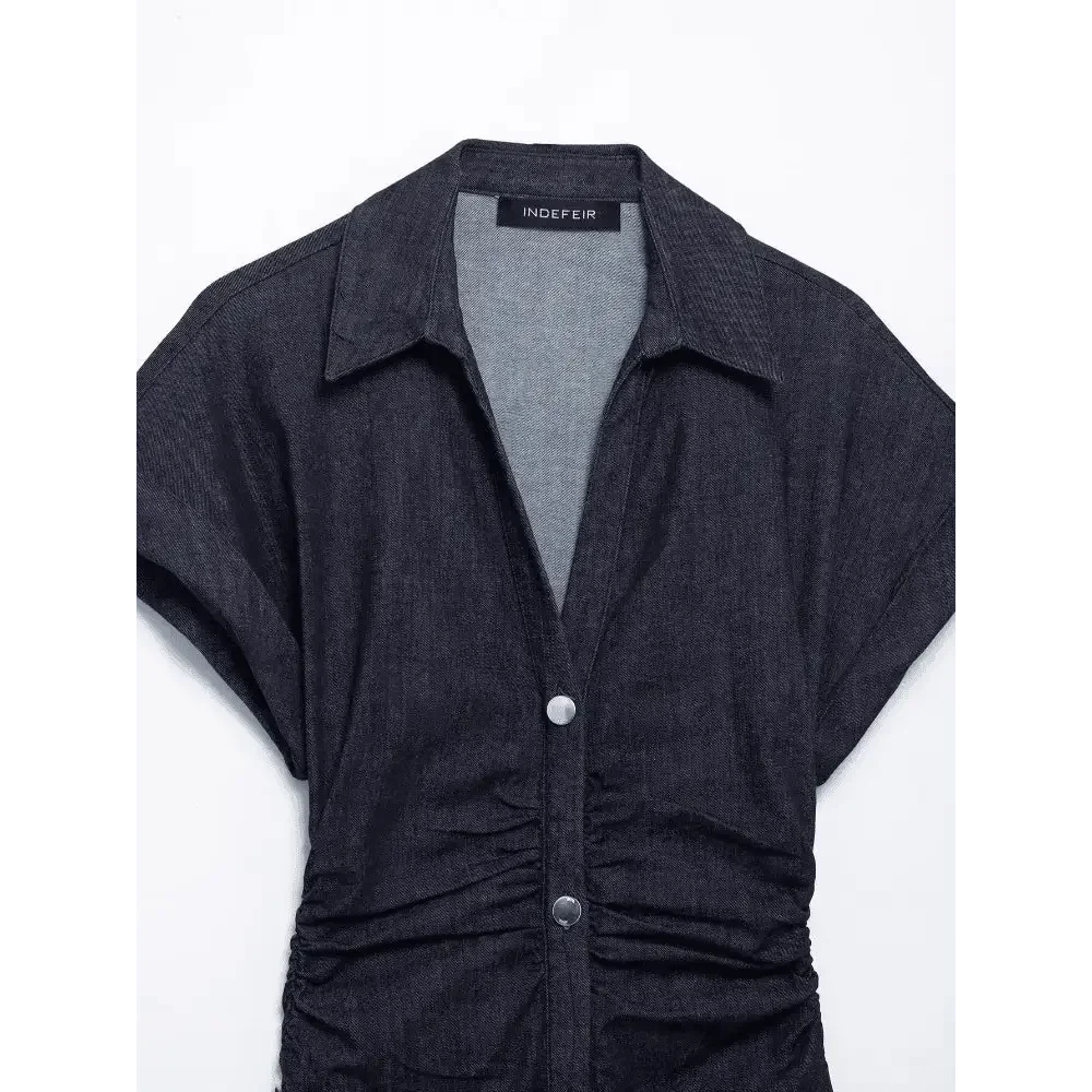 Women Denim V-neck Short Sleeved Long Dress Chic Slim Fit Single Breast Slit Vestidos New High Street Casual Solid Commuter Gown - GiFTiFY