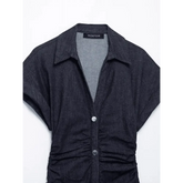 Women Denim V-neck Short Sleeved Long Dress Chic Slim Fit Single Breast Slit Vestidos New High Street Casual Solid Commuter Gown - GiFTiFY