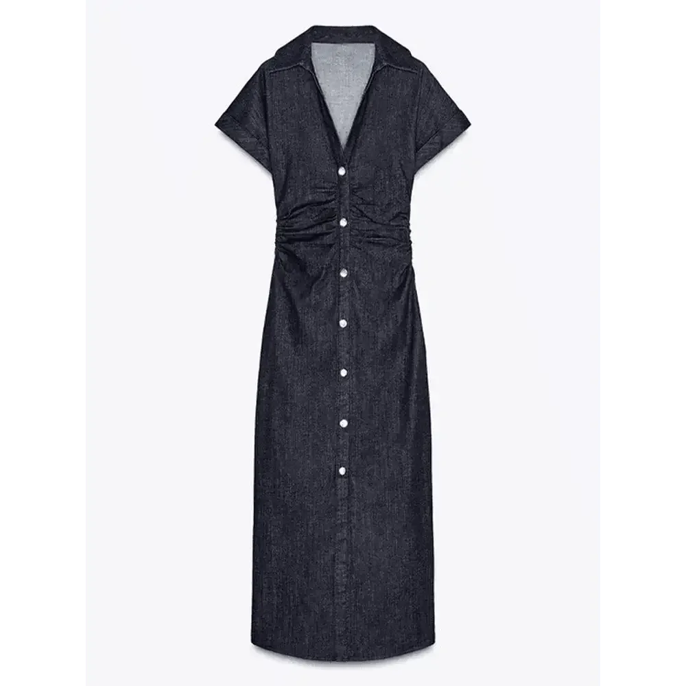 Women Denim V-neck Short Sleeved Long Dress Chic Slim Fit Single Breast Slit Vestidos New High Street Casual Solid Commuter Gown women's dresses by Dropshee