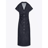 Women Denim V-neck Short Sleeved Long Dress Chic Slim Fit Single Breast Slit Vestidos New High Street Casual Solid Commuter Gown - GiFTiFY