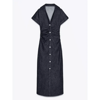 Women Denim V-neck Short Sleeved Long Dress Chic Slim Fit Single Breast Slit Vestidos New High
