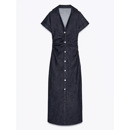 Women Denim V-neck Short Sleeved Long Dress Chic Slim Fit Single Breast Slit Vestidos New High Street Casual Solid Commuter Gown - GiFTiFY