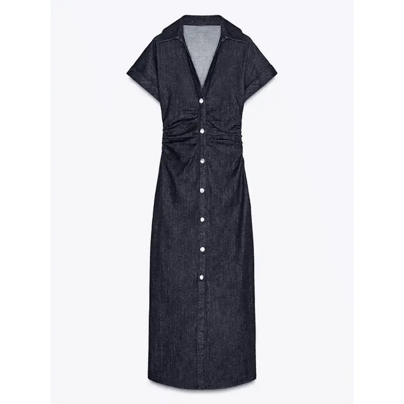 Women Denim V-neck Short Sleeved Long Dress Chic Slim Fit Single Breast Slit Vestidos New High Street Casual Solid Commuter Gown women's dresses by Dropshee
