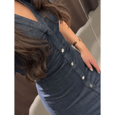 Women Denim V-neck Short Sleeved Long Dress Chic Slim Fit Single Breast Slit Vestidos New High Street Casual Solid Commuter Gown - GiFTiFY